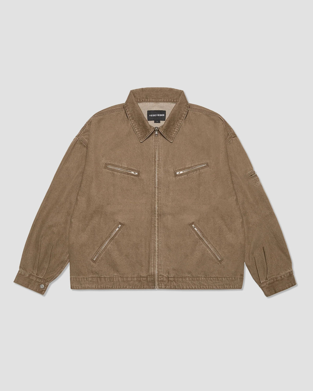 YESEYESEE Loose Fit Zip Up Denim Jacket - Brown