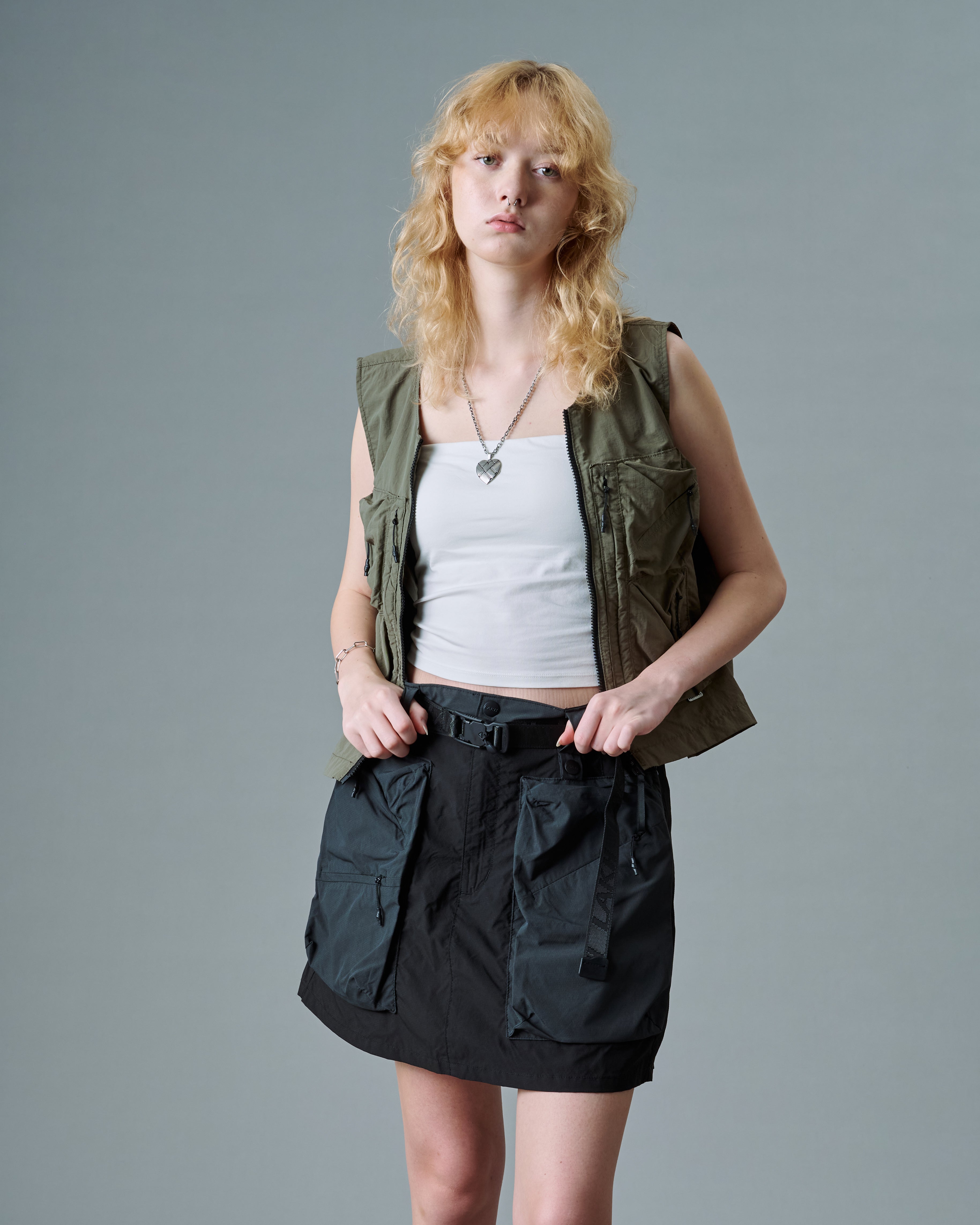 Trapezoid Pockets Cargo Mini Skirt - Black/Grey