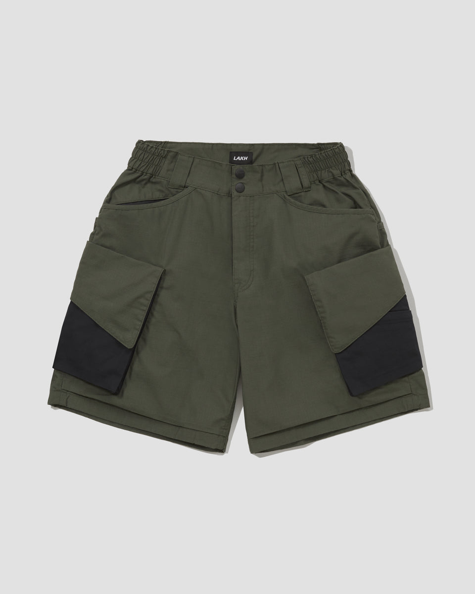 SS22 Slanted Pockets Cargo Shorts - Polyester Ripstop Olive / Black – LAKH